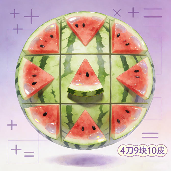 四刀切成九块瓜,吃完剩下十块皮